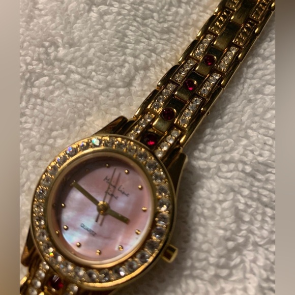 #J946 - Main Line Time Brand Gold-tone w/Red & Clear CZ Accents Ladies Watch - Picture 6 of 13